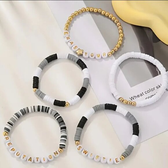 NWT Swiftie Friendship Bracelets White, Gray, Black and Gold 5 piece set Lover - Picture 5 of 6